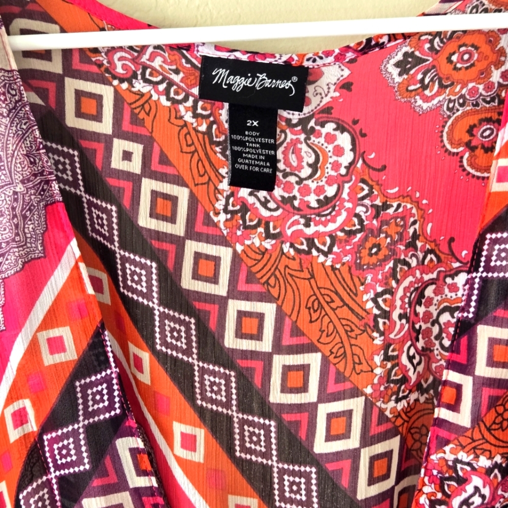 Maggie Barnes Bohemian Open Cardigan 2X Multicolor Kimono Sleeve Tie Waist - Picture 4 of 11